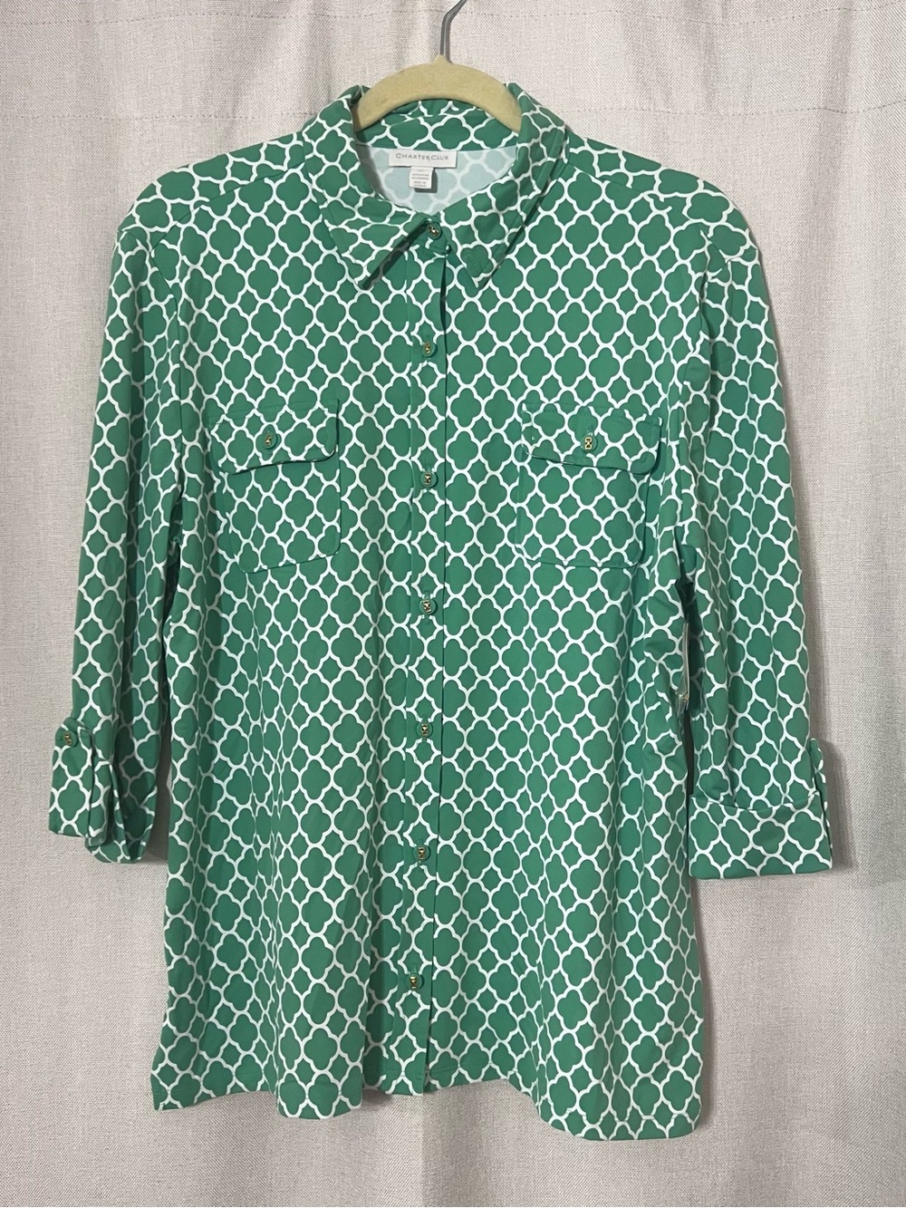 Charter Club Teal and White Geometric Button-Front Blouse